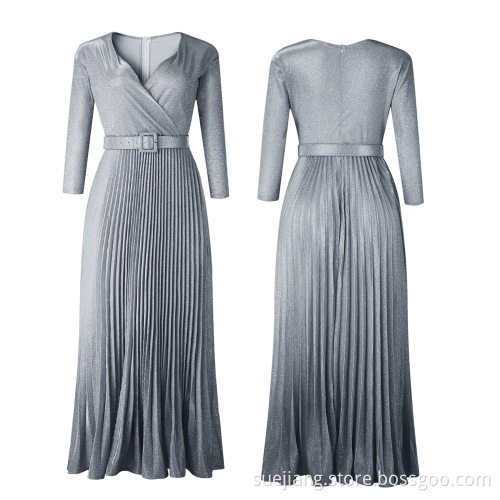 Mid-sleeve Deep V-neck Long Women Dress with Belted